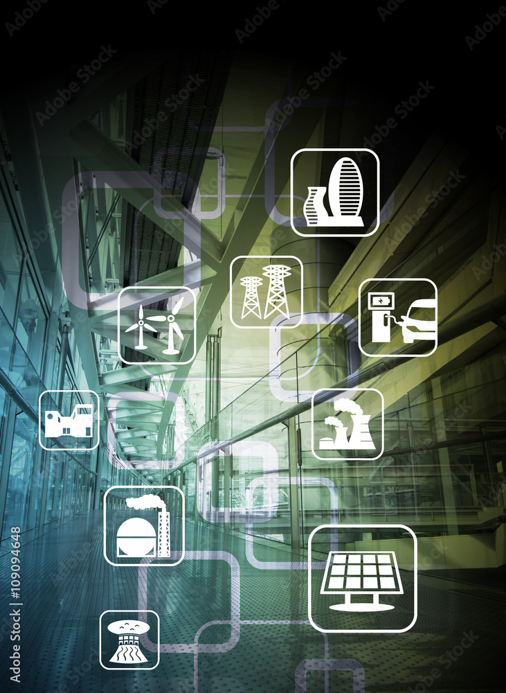 Poster passage in a building and smart energy, smart grid, renewable energy icons, abstract image visual