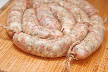 Raw sausage for frying. Ukrainian food. Polish cuisine. Homemade raw food.