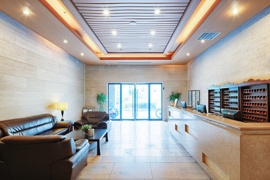 reception desk and lobby in modern gym