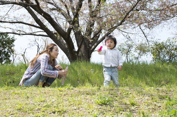 Fototapeta premium Mother and young son playing with soap bubbles in the park