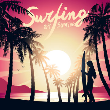 Surfing girl at Sunrise with a surf board