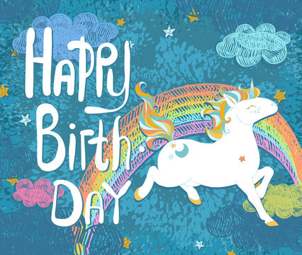 Happy birthday card with Cute Baby Unicorn. Colorful night sky with rainbow, stars, clouds, freehand doodle decoration. Hand drawn vector illustration, separated elements.