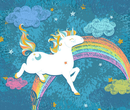 Cute Baby Unicorn. Colorful night sky with rainbow, stars, clouds, freehand doodle  decoration. Hand drawn vector illustration, separated elements.