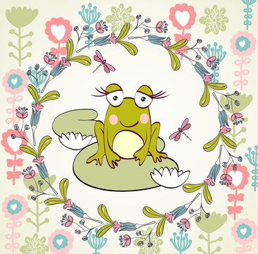Stylish floral background with cartoon frog in light colors.