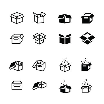 set of parcel box, open box icons set