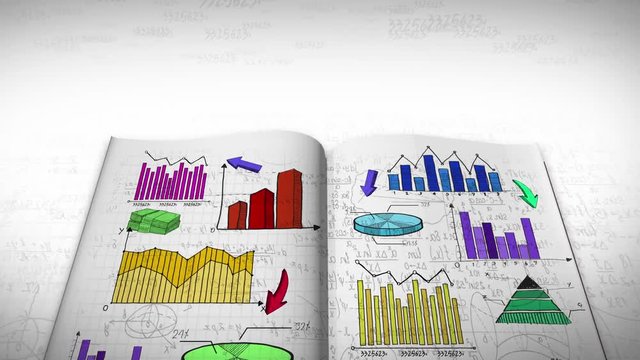 Animation of business, marketing and financial colorful statistic information doodle such as graph chart and diagram in a notebook document report used for education and presentation title in 4k HD