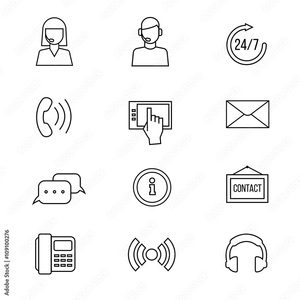Poster contact or support vector line icons. communicate helpline and online support, help operator and com