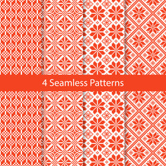 Slavic Folk Seamless Pattern Set. Repetitive Red and White Embroidery Textures.  Collection of Vector Ethnic Ornament Backgrounds - 109100207