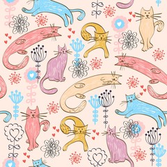 Obraz premium Vector hand drawn seamless pattern with cats