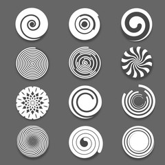 Motion spiral or swirl vector icons. Spinning white spiral and twist spiral signs, white spiral elements