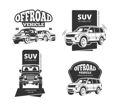 Suv Car Vector Badges And Offroad Labels. Suv Offroad Car Logo Set Or 4x4 Transport Emblems