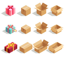 Fototapeta premium Cardboard and gift boxes opened and closed. 3D isometric vector icons for delivery infographics. Cardboard box, gift box and package carton box vector illustration