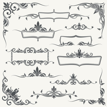 Vintage frames, corners and dividers with decorative floral ornaments. Floral divider and vintage floral decoration vector set