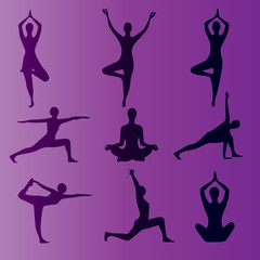 Yoga Positions. Silhouettes icons set. Vector illustration