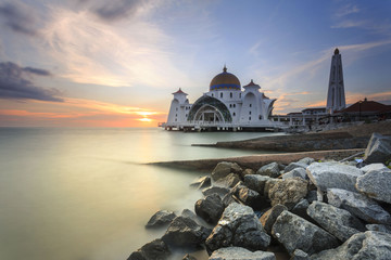 Beautiful Strait mosque during sunset in Malacca
