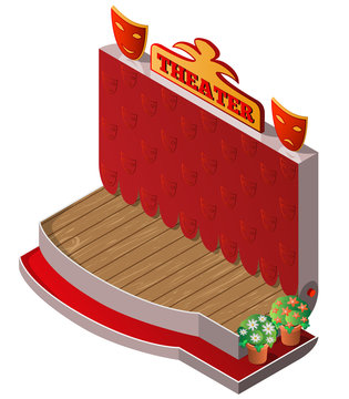 Empty theater , flowers and masks laughter and crying. Isometric view. Vector illustration.