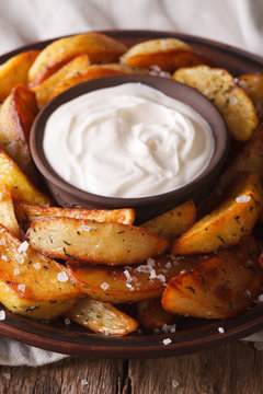 Hot Potato wedges and mayonnaise on a plate closeup. Vertical
