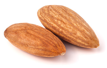 two raw peeled almonds close up macro