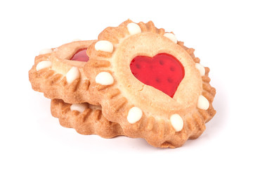 three cookies with marmalade heart isolated on white background