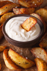 potato wedges and mayonnaise macro on the table. vertical
