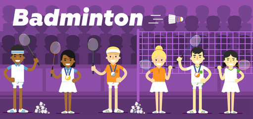 Badminton team on awarding some pedestal with a gold, a silver and a bronze medal with rackets in hand flat vector illustration. The Olympic sport.