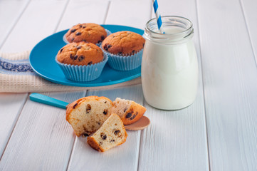 Slices of cakes with chocolate and milk in a bottle