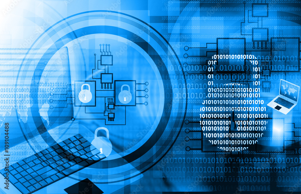 Poster internet security. pad lock on digital tech background.