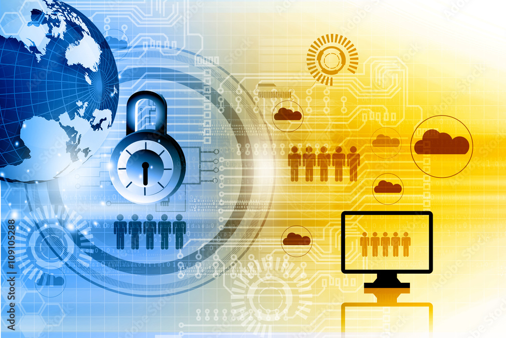 Poster internet security. pad lock on digital tech background.
