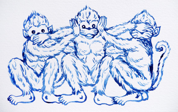 funny 3 monkeys concept, watercolor painting illustration design