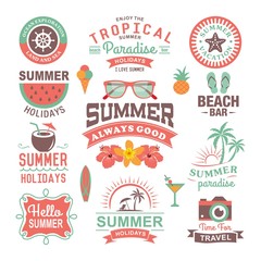 Obraz premium Vintage summer design and typography design with labels, posters, icons, logos, element set.