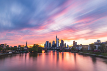 Frankfurt skyline and Main river at sunset