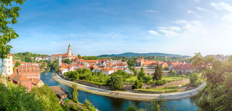 Panoramic view over the old Town of Cesky Krumlov, Czech Republi