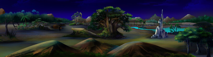 African Landscape in a Summer Night. Panorama