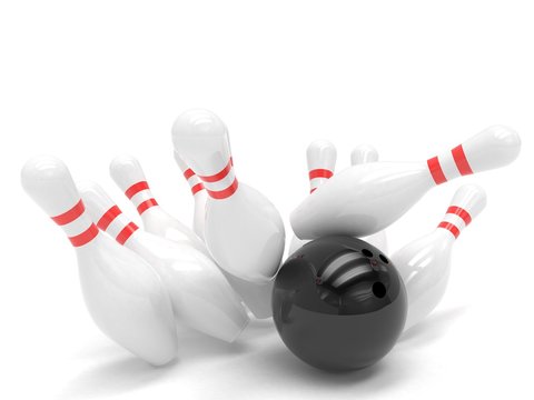 Bowling ball and skittles isolated. 3d rendering.