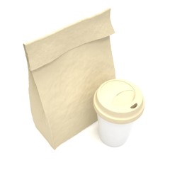 Coffee to go and lunch bag, on white. 3d rendering.