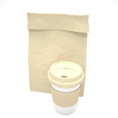 Coffee to go and lunch bag, on white. 3d rendering.