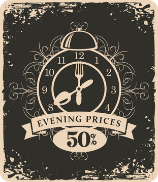 banner advertising discount evening in a restaurant with a clock and cutlery in retro style