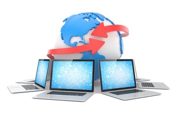 Laptop network around earth globe. 3d render