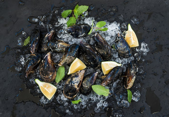 Fresh uncooked mussels with lemon, herbs and spices on chipped ice over dark slate stone backdrop