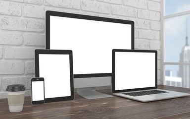Fototapeta premium Responsive mockup screen. Monitor, laptop, tablet, phone on table in office. 3d rendering.