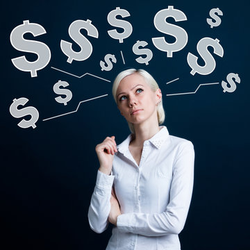 Business woman thinking about web dollar currency social network