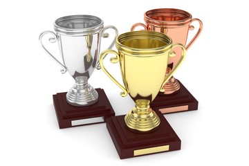 Three cups on white background. 3D rendering.