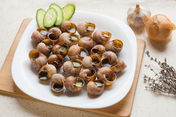 Top view of cooked snails (escargot) - traditional portuguese sn