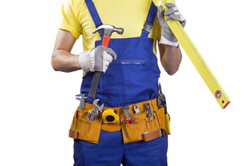 construction worker with belt and tools in hands on white