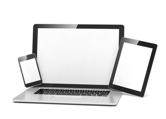 laptop, tablet, phone, on white. 3d rendering.
