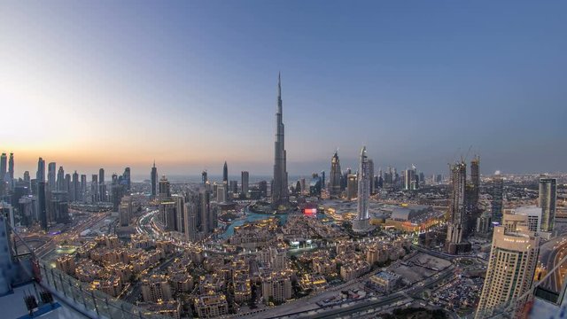 Dubai Downtown day to night timelapse view from the top in Dubai, United Arab Emirates