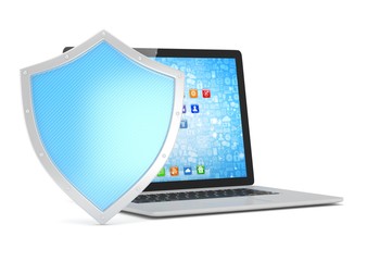 Laptop and shield on white, computer security concept. 3d rendering.