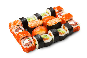 Set of sushi, maki and rolls isolated at white