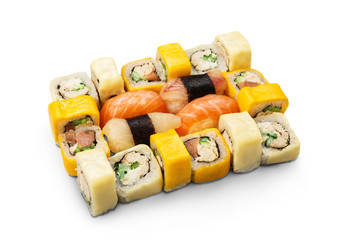 Set of sushi, maki and rolls isolated at white