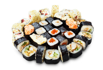 Set of sushi, maki and rolls isolated at white